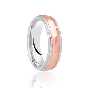 9ct White And Rose Gold Milgrain Edges with Rose Gold Hammered Centre 4mm  Wedding Ring - E Bixby Jewellers