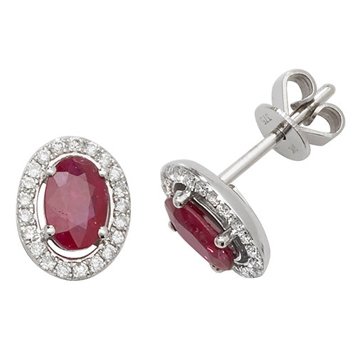 9ct White Gold Diamond & Ruby Halo Oval Stud Earrings - E Bixby Jewellers