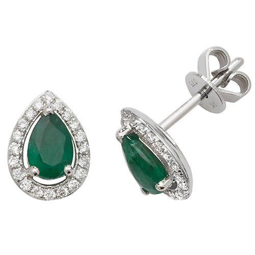 9ct White Gold Diamond & Emerald Halo Pear Stud Earrings - E Bixby Jewellers