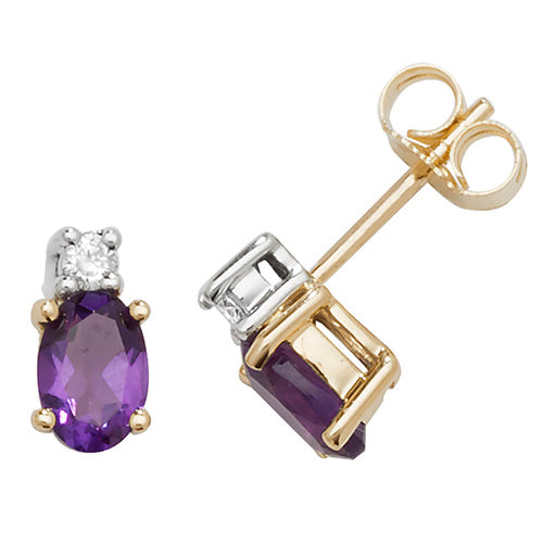 9ct Yellow Gold Diamond & Amethyst Oval Stud Earrings - E Bixby Jewellers