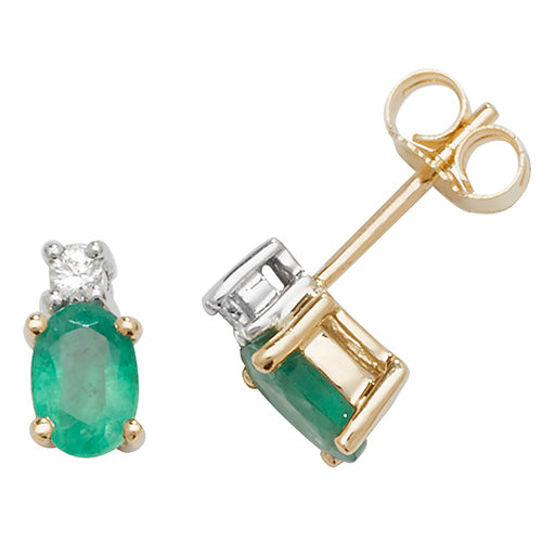 9ct Yellow Gold Diamond & Emerald Oval Stud Earrings - E Bixby Jewellers