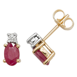 9ct Yellow Gold Diamond & Ruby Oval Stud Earrings - E Bixby Jewellers