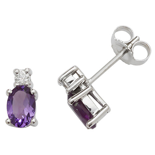 9ct White Gold Diamond & Amethyst Oval Stud Earrings - E Bixby Jewellers