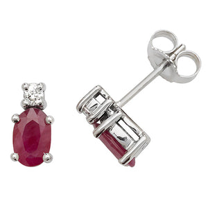 9ct White Gold Diamond & Ruby Oval Stud Earrings - E Bixby Jewellers