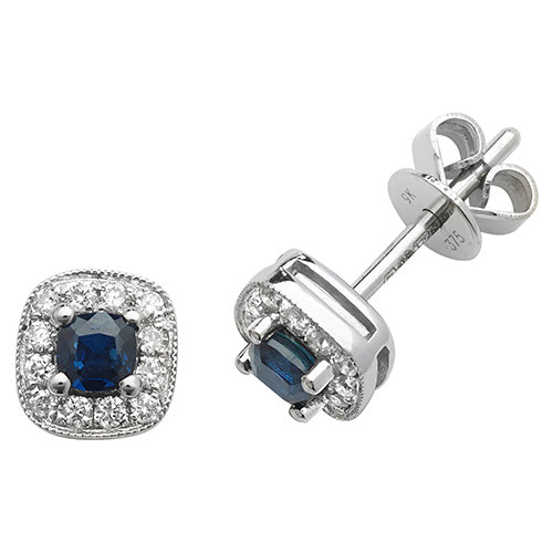 9ct White Gold Diamond & Sapphire Cushion Stud Earrings - E Bixby Jewellers