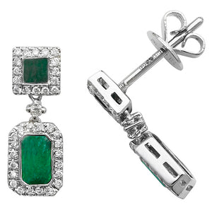 9ct White Gold Diamond & Emerald Drop Earrings - E Bixby Jewellers