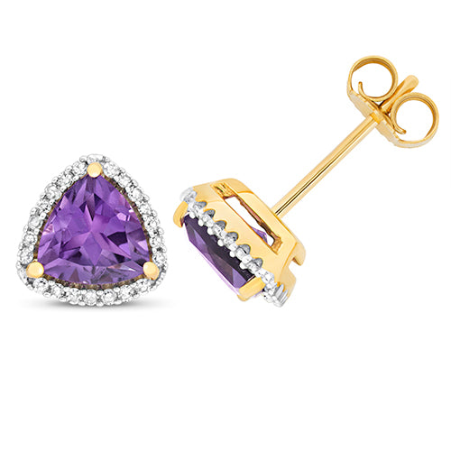 9ct Yellow Gold Diamond & Amethyst Trillion Stud Earrings - E Bixby Jewellers