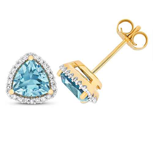 9ct Yellow Gold Diamond & Light Swiss Blue Topaz Stud Earrings - E Bixby Jewellers