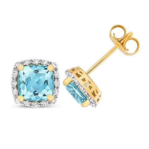 9ct Yellow Gold Diamond & Light Swiss Blue Topaz Stud Earrings - E Bixby Jewellers