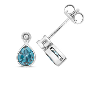 9ct White Gold Diamond & London Blue Topaz Stud Earrings - E Bixby Jewellers