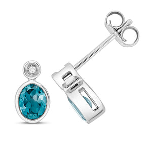 9ct White Gold Diamond & London Blue Topaz Stud Earrings - E Bixby Jewellers