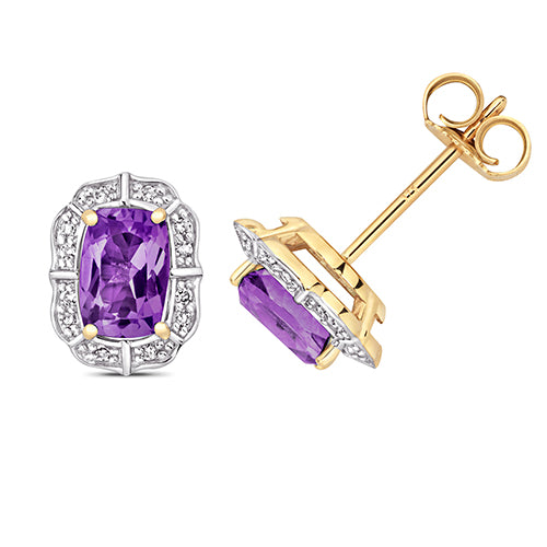 9ct Yellow Gold Diamond & Amethyst Stud Earrings - E Bixby Jewellers