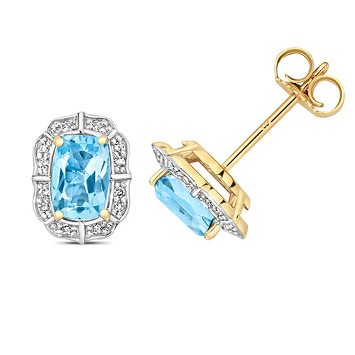 9ct Yellow Gold Diamond & Light Swiss Blue Topaz Stud Earrings - E Bixby Jewellers