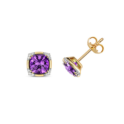 9ct Yellow Gold Diamond & Cushion Amethyst Stud Earrings - E Bixby Jewellers