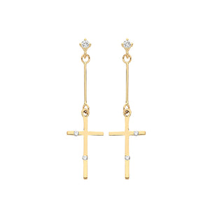 9ct Yellow Gold CZ Cross Drop Earrings - E Bixby Jewellers