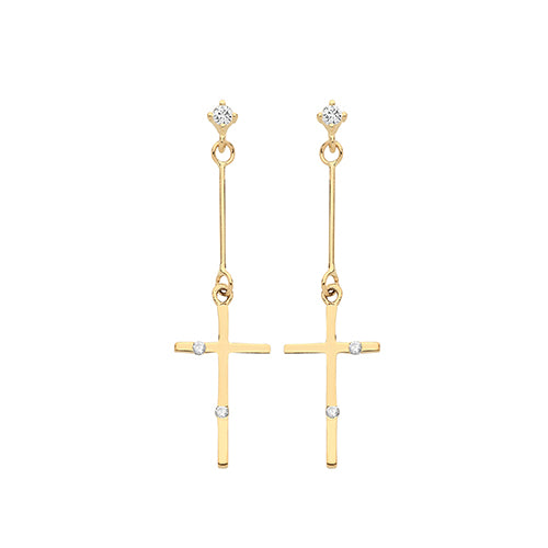 9ct Yellow Gold CZ Cross Drop Earrings - E Bixby Jewellers