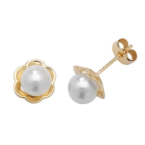 9ct Yellow Gold Pearl Flower Stud Earrings - E Bixby Jewellers