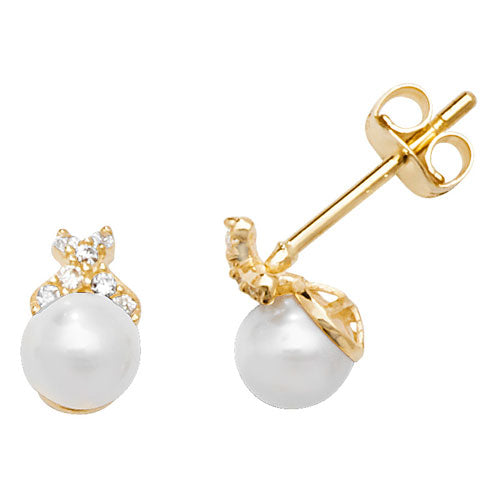 9ct Yellow Gold Pearl & CZ Stud Earrings - E Bixby Jewellers