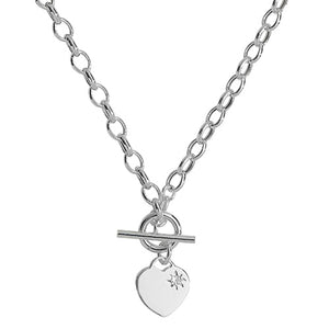 Silver T-Bar Necklet With Cubic Zirconia Stone Set Heart 17” - E Bixby Jewellers