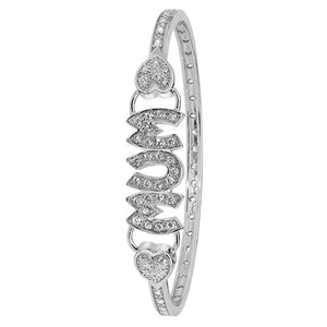 Silver Ladies Oval Mum Double Heart CZ Bangle - E Bixby Jewellers