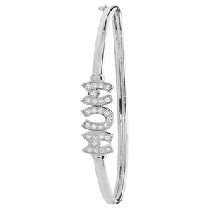 Silver Ladies Round Mum CZ Hinged Bangle - E Bixby Jewellers