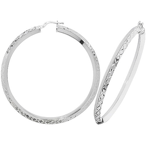 Silver 50mm V-Shape Diamond Cut Hoop Earrings - E Bixby Jewellers