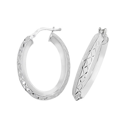 Silver Oval V-Shape Diamond Cut Hoop Earrings - E Bixby Jewellers