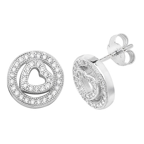 Silver Heart & Circle  Cz Stud Earrings - E Bixby Jewellers