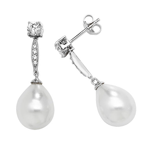 Silver Cz & Pearl Drop Earrings - E Bixby Jewellers