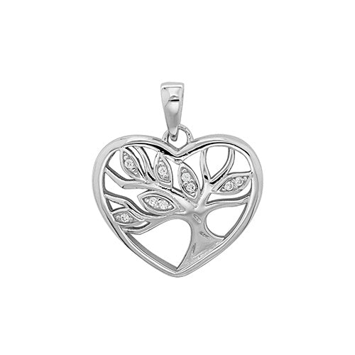 Silver Cubic Zirconia Stone Set Heart Shape Tree of Life Pendant - E Bixby Jewellers