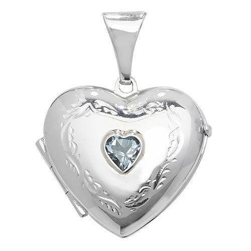 Silver Heart Shape Medium Size Stone Set Blue Topaz Locket - E Bixby Jewellers