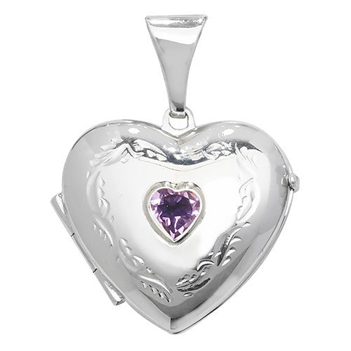 Silver Heart Shape Medium Size Stone Set Amethyst Locket - E Bixby Jewellers