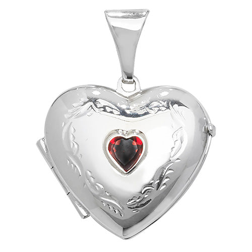 Silver Heart Shape Medium Size Stone Set Garnet Locket - E Bixby Jewellers