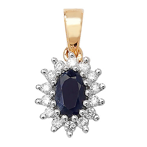 9ct Yellow Gold Diamond Cluster 6x4 Oval Sapphire Pendant - E Bixby Jewellers