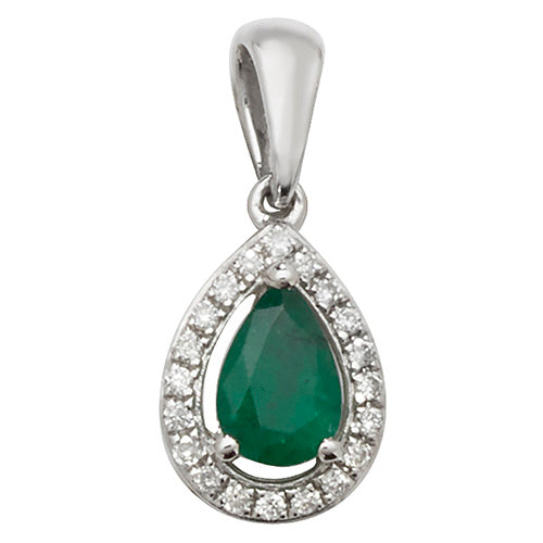 9ct White Gold Diamond & Emerald Halo Pear Pendant - E Bixby Jewellers