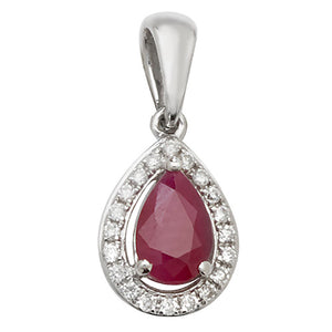 9ct White Gold Diamond & Ruby Halo Pendant Pear - E Bixby Jewellers