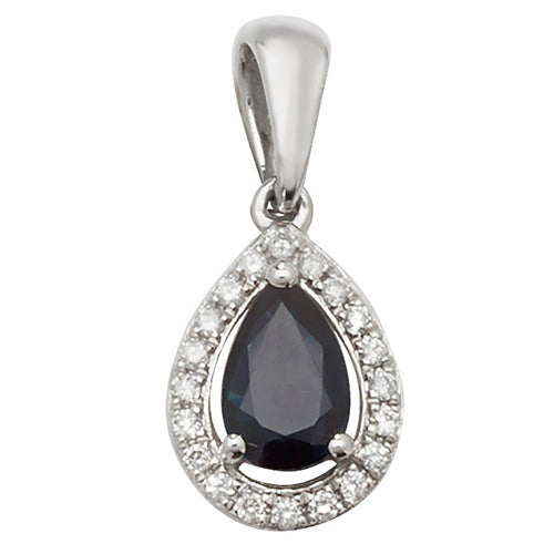 9ct White Gold Diamond & Sapphire Halo Pendant Pear - E Bixby Jewellers