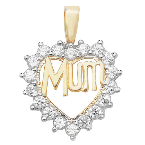 9ct Yellow Gold Heart Mum CZ Pendant - E Bixby Jewellers