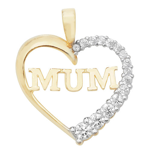 9ct Yellow Gold Heart Mum CZ Pendant - E Bixby Jewellers