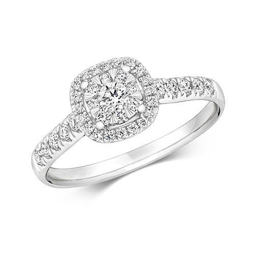 18ct White Gold Diamond Brilliant Cushion Halo Ring - E Bixby Jewellers