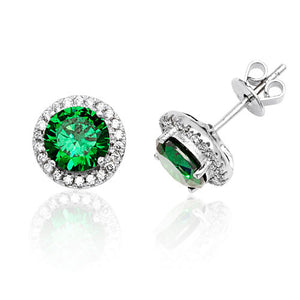 Silver Claw Set Halo Style  Rnd Green Cz Stud Earrings - E Bixby Jewellers