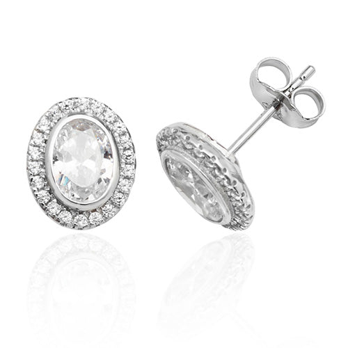 Silver Bezel Set Halo Style Oval Cz Studs - E Bixby Jewellers