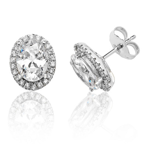 Silver Claw Set Halo Style Oval Cz Studs - E Bixby Jewellers