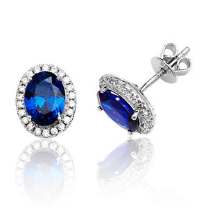 Silver Claw Set Halo Style Oval Blue Cz Studs - E Bixby Jewellers