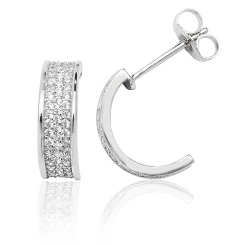 Silver Three Row Pave 1/2 Hoop Cz Stud Earrings - E Bixby Jewellers