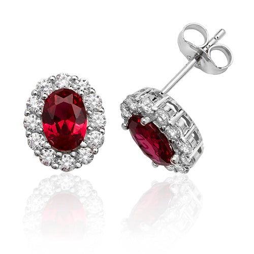 Silver Red & White Oval Cluster Cz Stud Earrings - E Bixby Jewellers