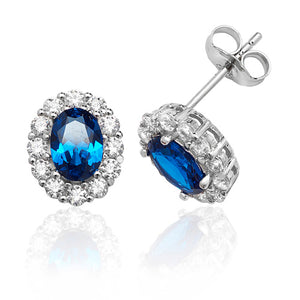 Silver Blue & White Oval Cluster Cz Stud Earrings - E Bixby Jewellers