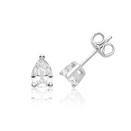 Silver Single Stone 7×5 Pear Shape Claw Set Stud Earrings (Swarovski Cz) - E Bixby Jewellers