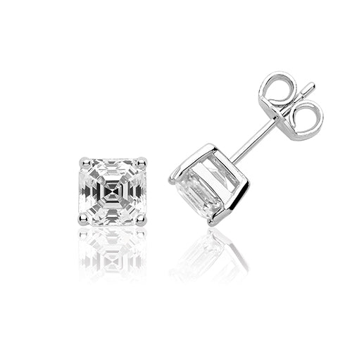 Silver Single Stone 6mm Assher Cut Claw Set Stud Earrings - E Bixby Jewellers