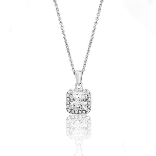 Silver Claw Set Square Halo Style Cz Pendant + 18